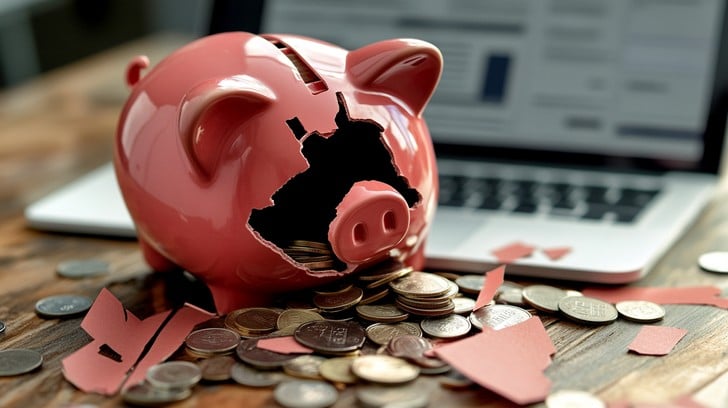 broken piggy bank with money spilling out in front of a laptop.